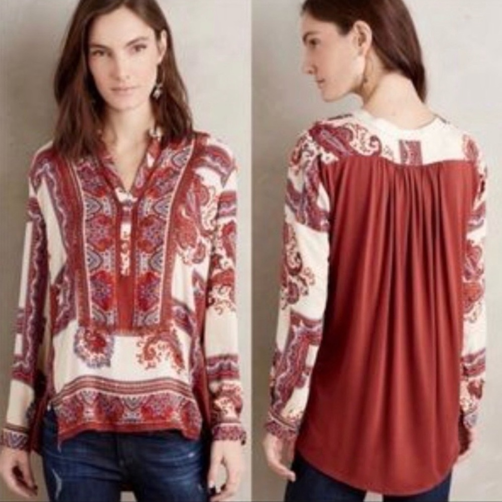 Tiny Anthropologie Nahara Paisley Mixed Media Boho Tunic Blouse Lace Medium